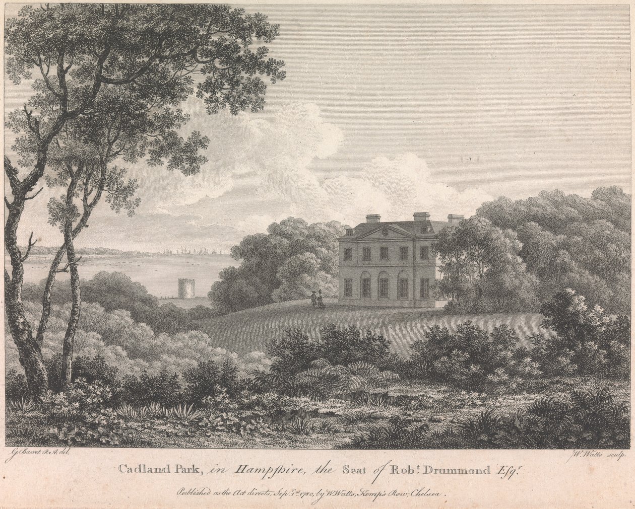 Cadland Park, Hampshire, Robert Drummond székhelye, Esquire (kiadó: W. Watts); 56. oldal (Első kötet) alkotó: William Watts
