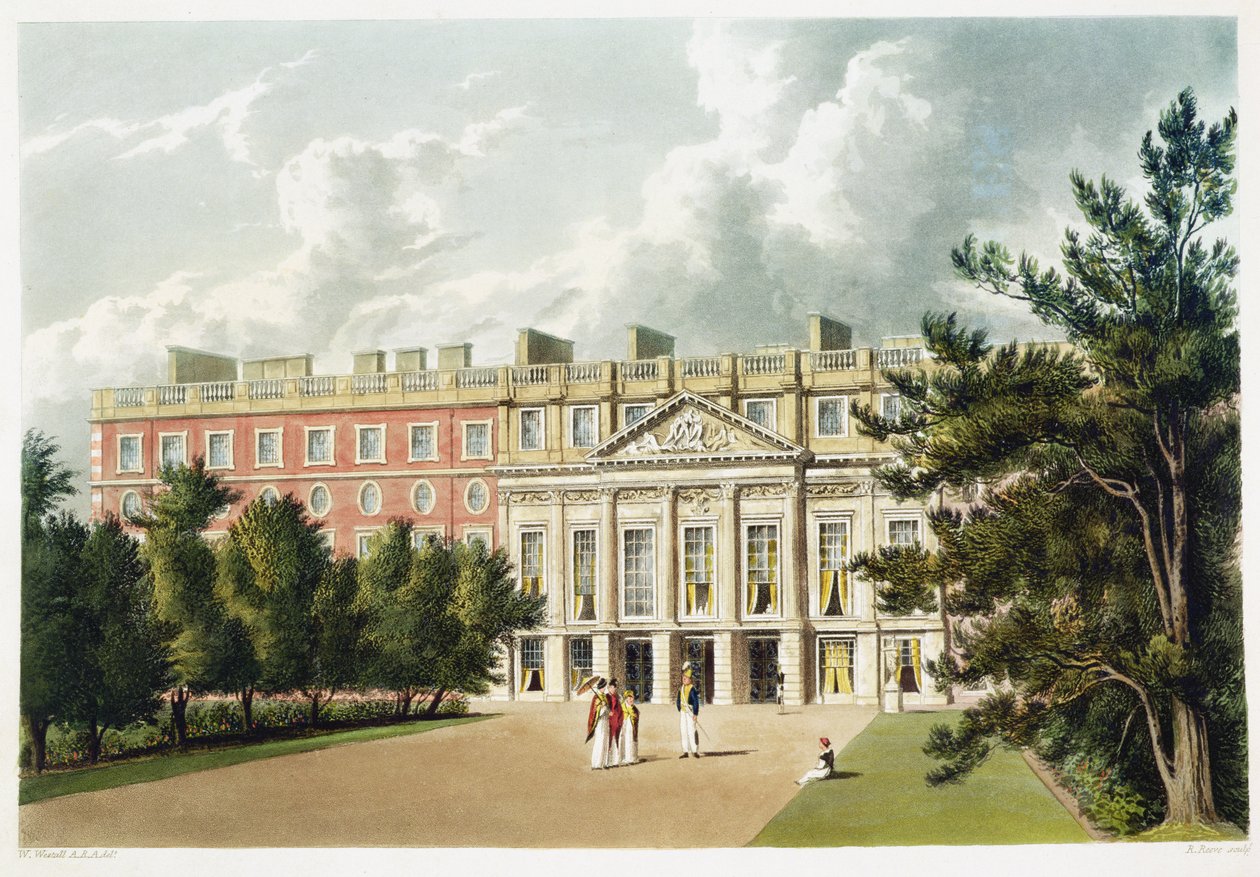 Hampton Court Palace, „A királyi rezidenciák történetéből”, Richard Reeve (sz. 1780) metszet, William Henry Pyne (1769-1843), 1819 alkotó: William Westall