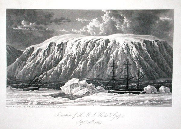 A H.M.S. Hecla & Griper helyzete, 1819. szeptember 20., William Edward Parry "Journal of a Voyage for the Discovery of a North West Passage from the Atlantic to the Pacific performed in the Years 1819-20" című, 1821-ben megjelent művéből (metszet). alkotó: William Westall