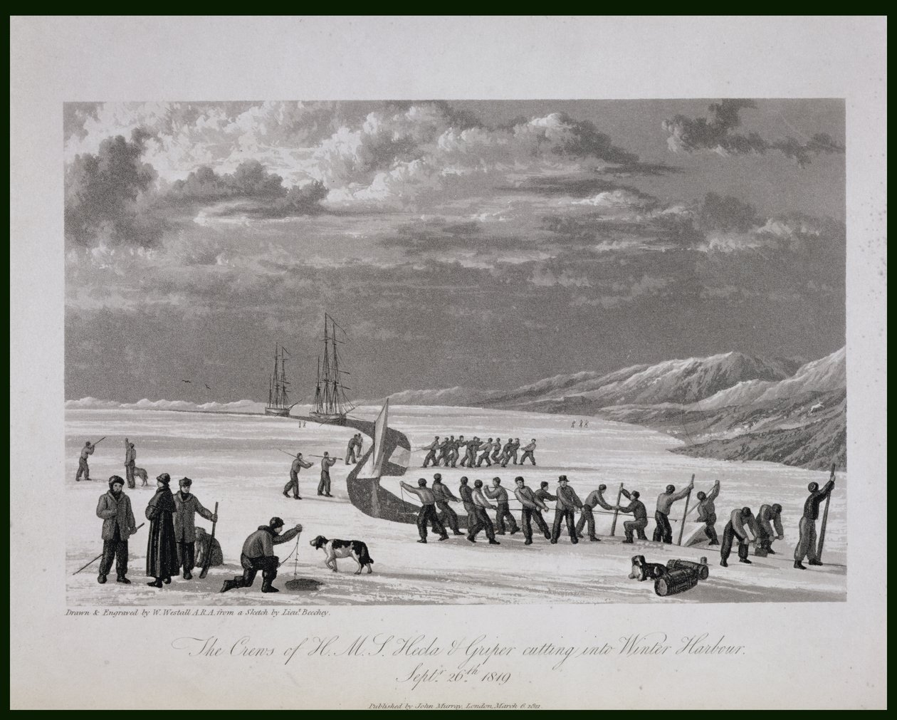 A H.M.S. legénysége Hecla und Griper bevágott a Winter Harbourba, 1819. szeptember 26-án, a „Journal of a Voyage for the Discovery of the Discovery of the North West Passage from Atlantic the Pacific” című művéből. alkotó: William Westall