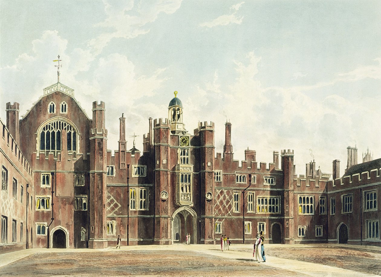 A Hampton Court palota négyszögének látképe Pyne "Royal Residences" című, Thomas Sutherland (sz.1785 körül) által metszett és 1819-ben kiadott művéből. alkotó: William Westall