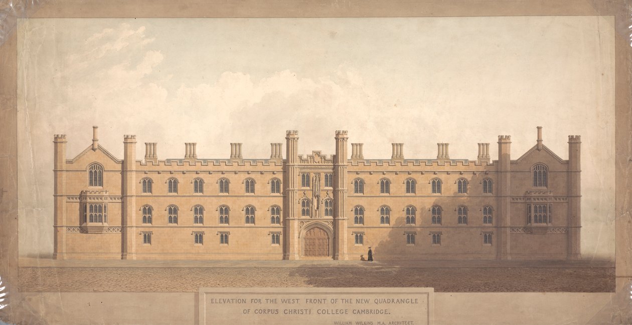 A Cambridge-i Corpus Christi College új négyszögének nyugati frontjának emelkedése alkotó: William Wilkins