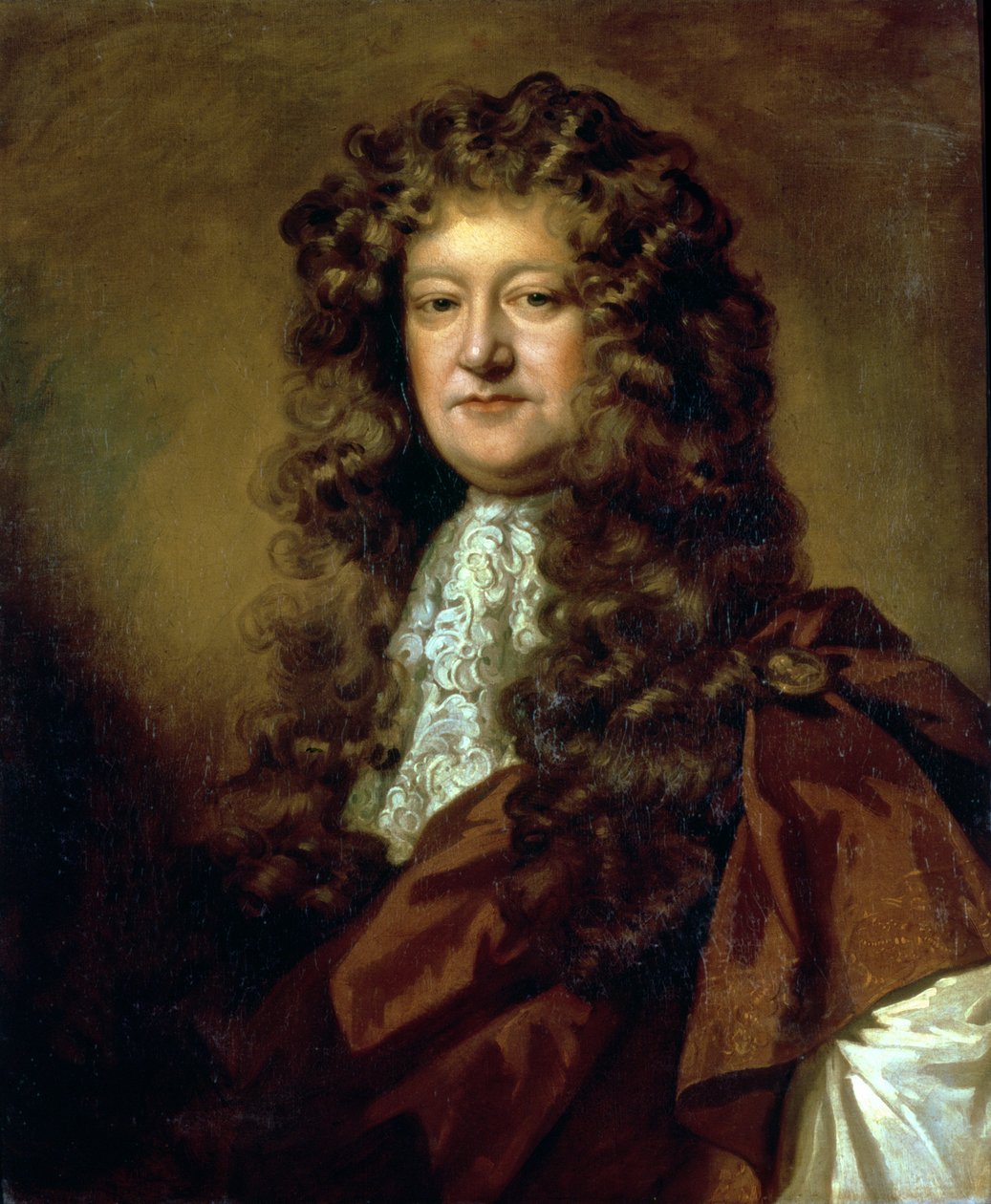 Barna köpenyes és fehér jabot úriember portréja alkotó: William Wissing or Wissmig