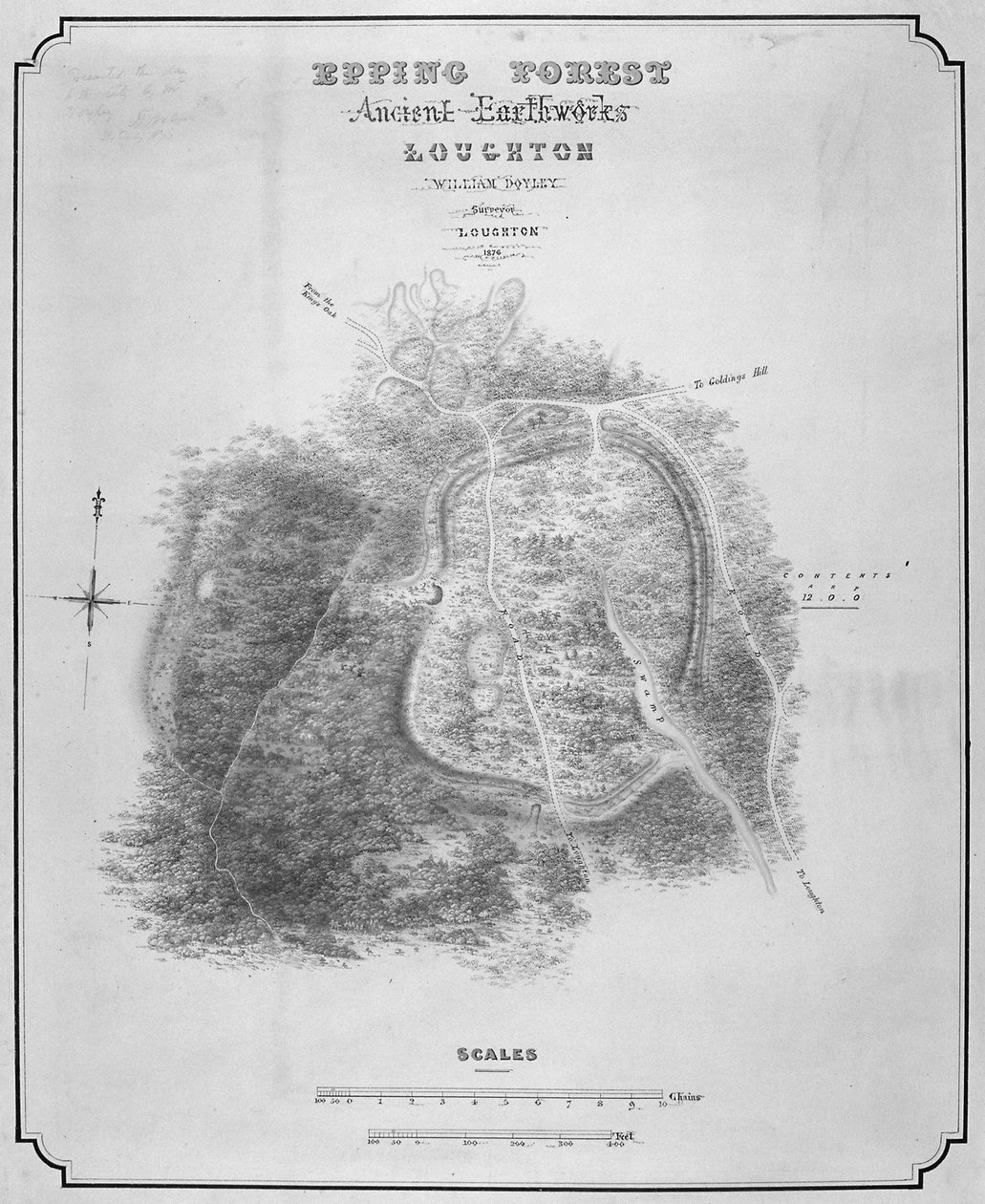 A Loughton tábor ősi földmunkáinak térképe i.sz. 52 körül készült Epping Forestben, Essexben, 1876 alkotó: William d