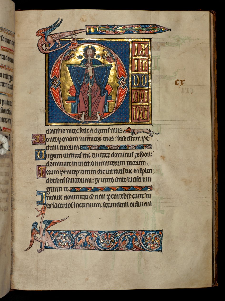Ms 322 f.113r 109. zsoltár, D kezdőbetű, A Szentháromság, illusztráció a "De Brailes zsoltárból", 1250 körül. alkotó: William de Brailes  