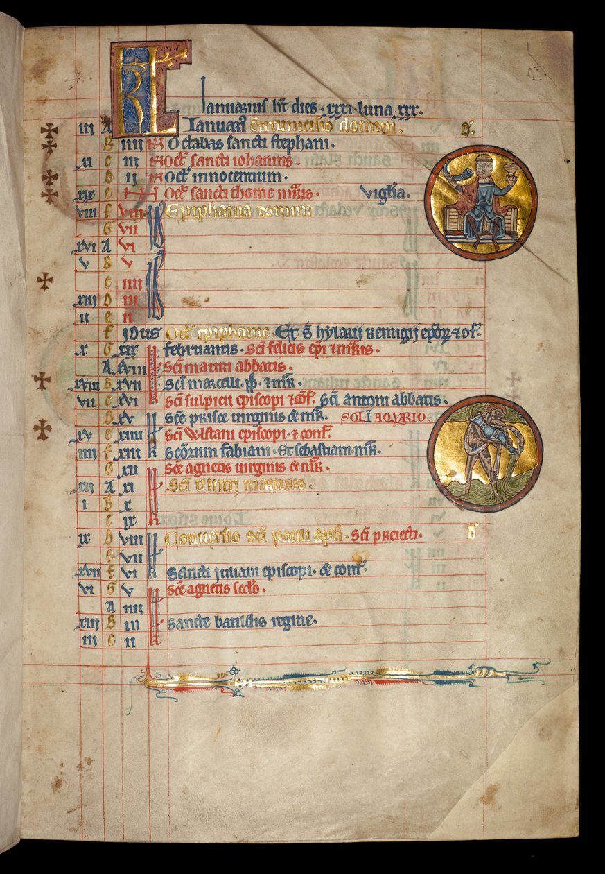 Ms 322 f.1r January, egy háromfejű férfi iszik, illusztráció a „De Brailes Psalter”-ből, 1250 körül alkotó: William de Brailes  