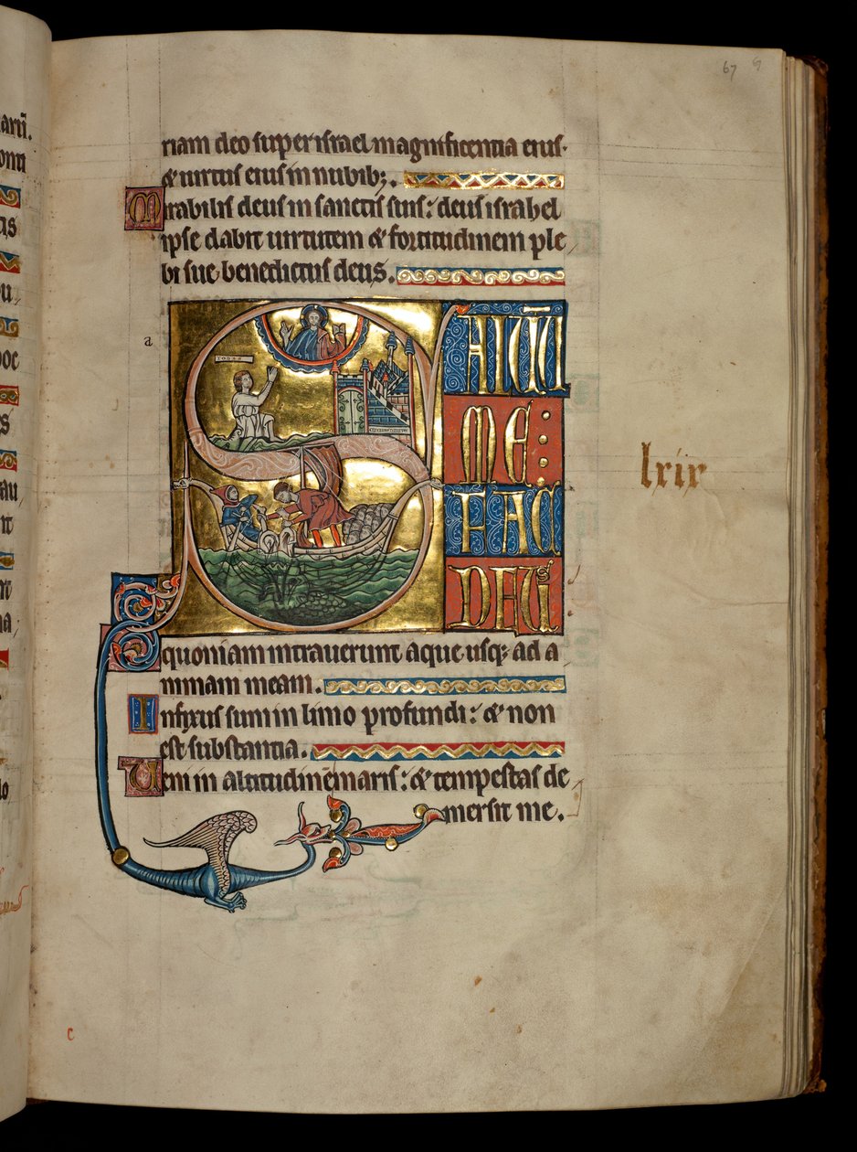 Ms 322 f.67r, Zsoltár 68, kezdőbetűje S, Jónás Krisztushoz imádkozik a bálnából való kilépéskor, és Jónást a bálnának vetik, illusztráció a „De Braile Psalter”-ből, 1250 körül alkotó: William de Brailes  