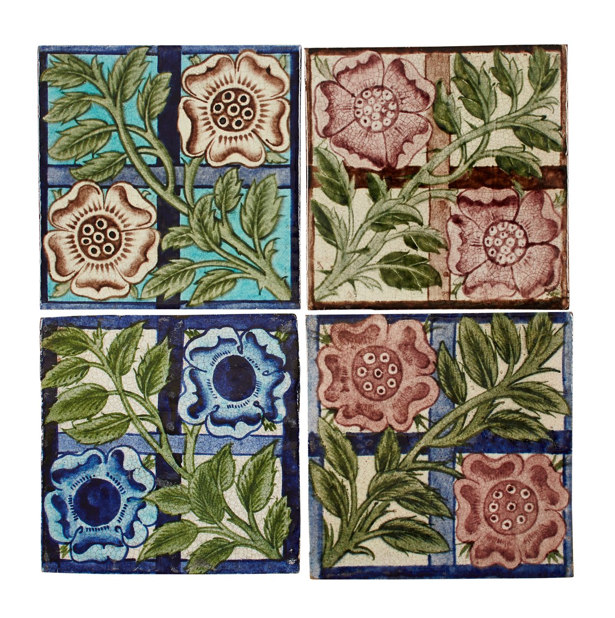Négy "Rose Trellis" mintás csempe, 661. sz. alkotó: William de Morgan