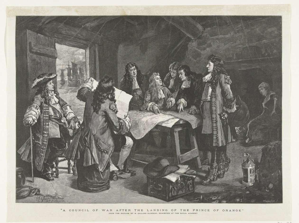 III. Vilmos haditanácsot tart egy halászkunyhóban, 1688 Haditanács a narancsos herceg partraszállása után (cím a tárgyon) alkotó: Williamson
