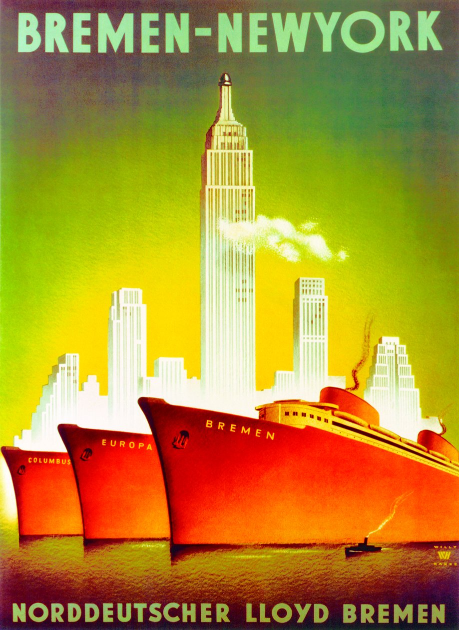 "Bréma - New York", az Észak-Német Lloyd vonal reklámplakátja alkotó: Willy Hanke