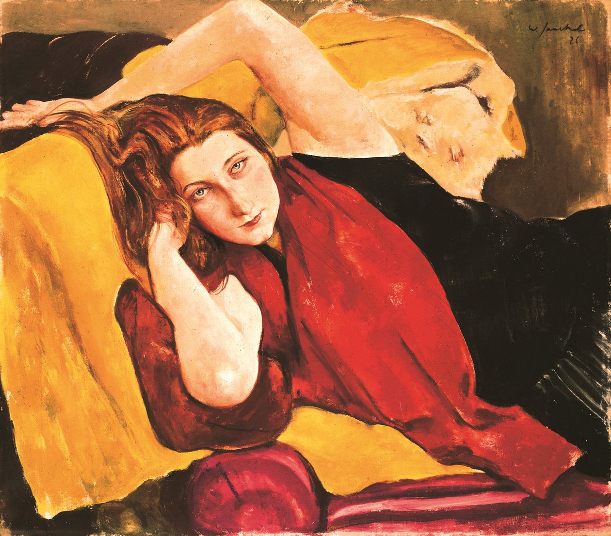 Fiatal lány portréja vörös stólával - Vörös sállal rendelkező lány portréja, Jaeckel, Willy (1888-1944). olajfestmény alkotó: Willy Jaeckel