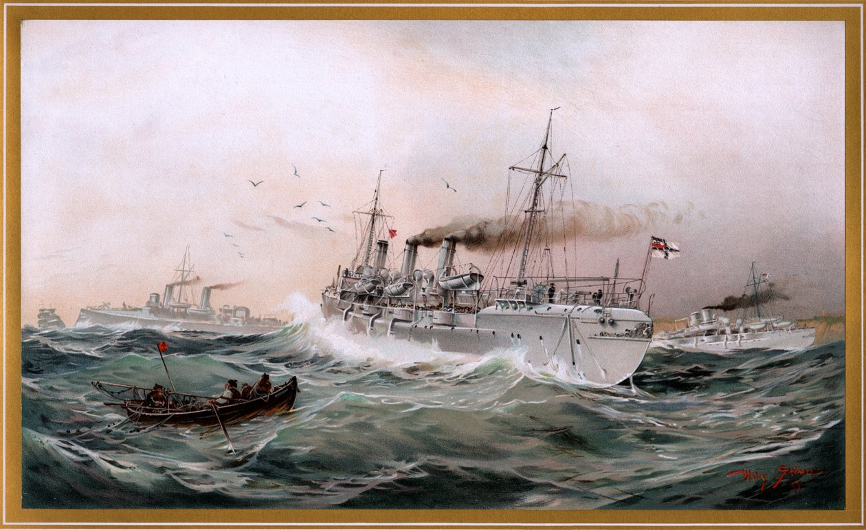 Kaiserliche Marine Griffin, Meteor és Jagd a mellvárosra néz, Willy Stöwer kromolitográfiája 1894, nr9 G. Wislicenus, Unsre Kriegsmarine. alkotó: Willy Stöwer
