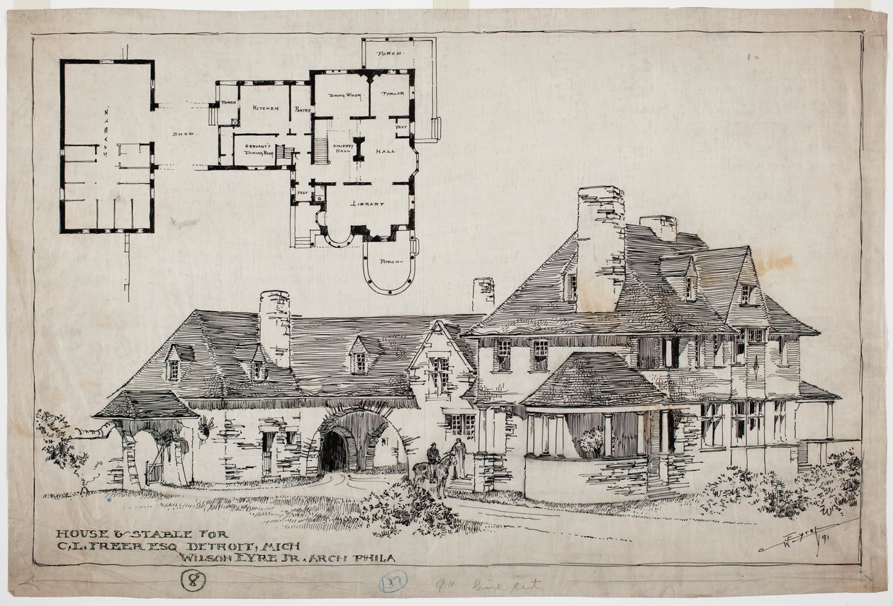 Freer Residence, ház és istálló, 1891 (toll és tinta grafitceruza felett papíron) alkotó: Wilson Eyre