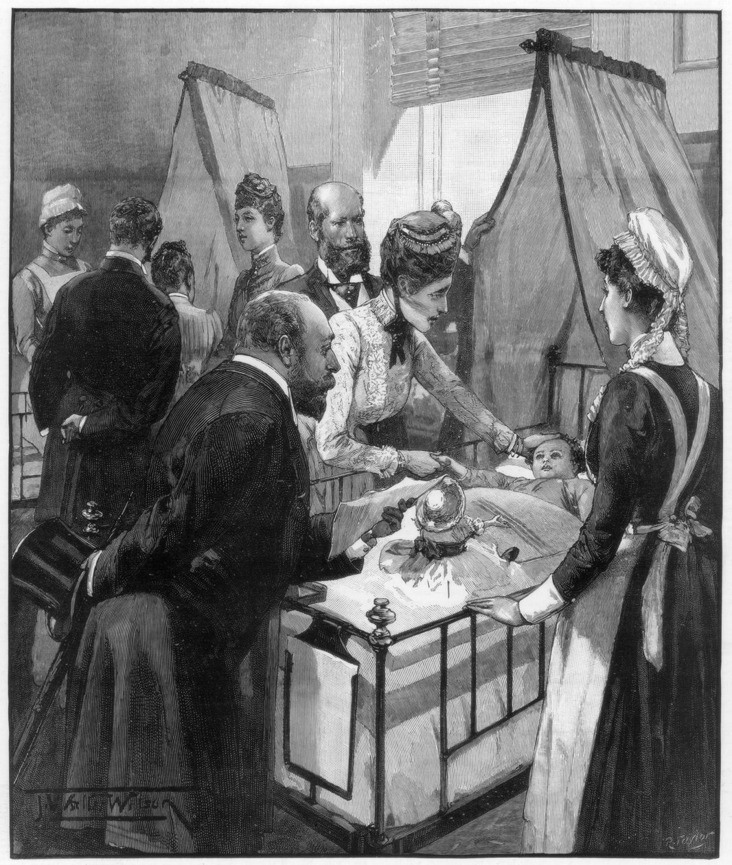 A walesi herceg és hercegnő meglátogatják az Eveline kórházat, ahol beteg gyerekeket kezelnek, 1890. alkotó: Wilson