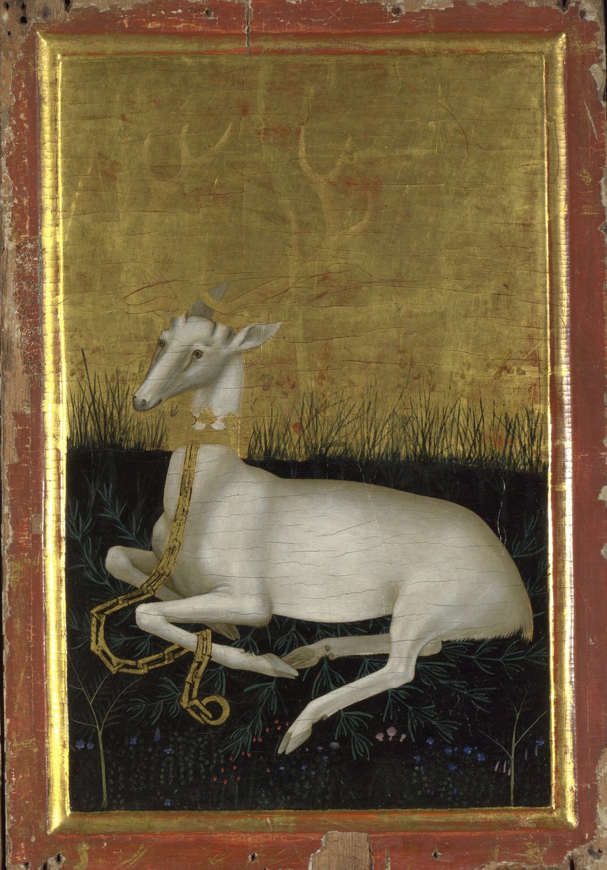 Fehér szarvas láncra fűzve koronával a nyakában A Wilton Diptichon külső panelje, 1395 és 1399 között alkotó: Wilton Master