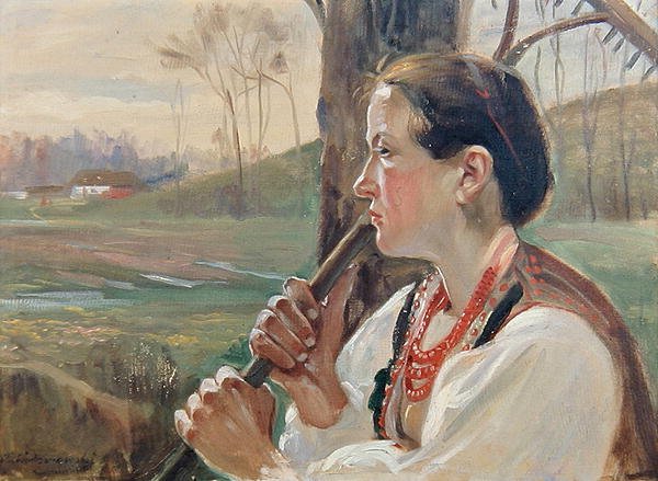 Lány gereblyével, 1914 körül (olaj, tábla) alkotó: Wincenty Wodzinowsky