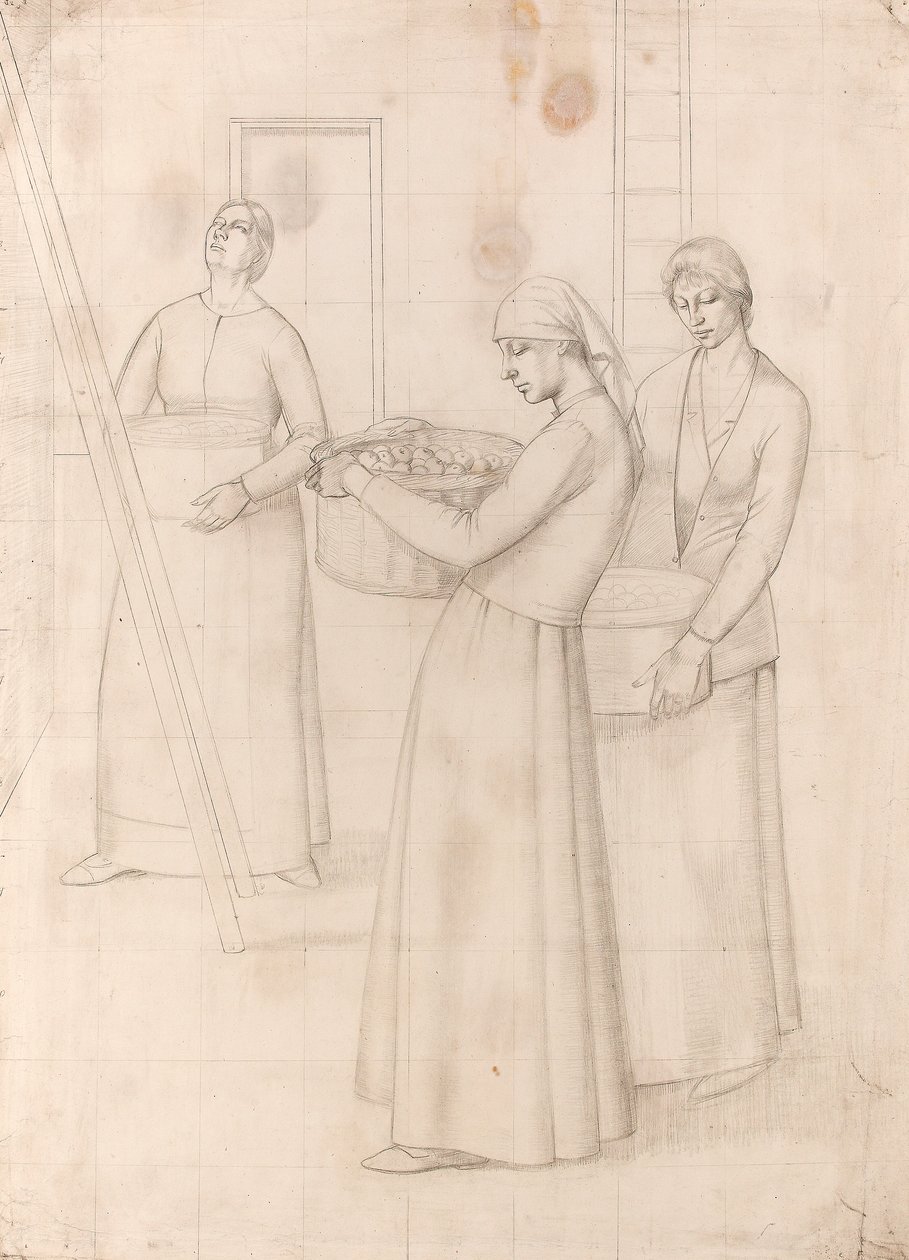 Tanulmány a „Dizájn faldíszítéshez” témakörhöz – Három nő almás kosárral, 1918 körül (ceruza papíron) alkotó: Winifred Knights