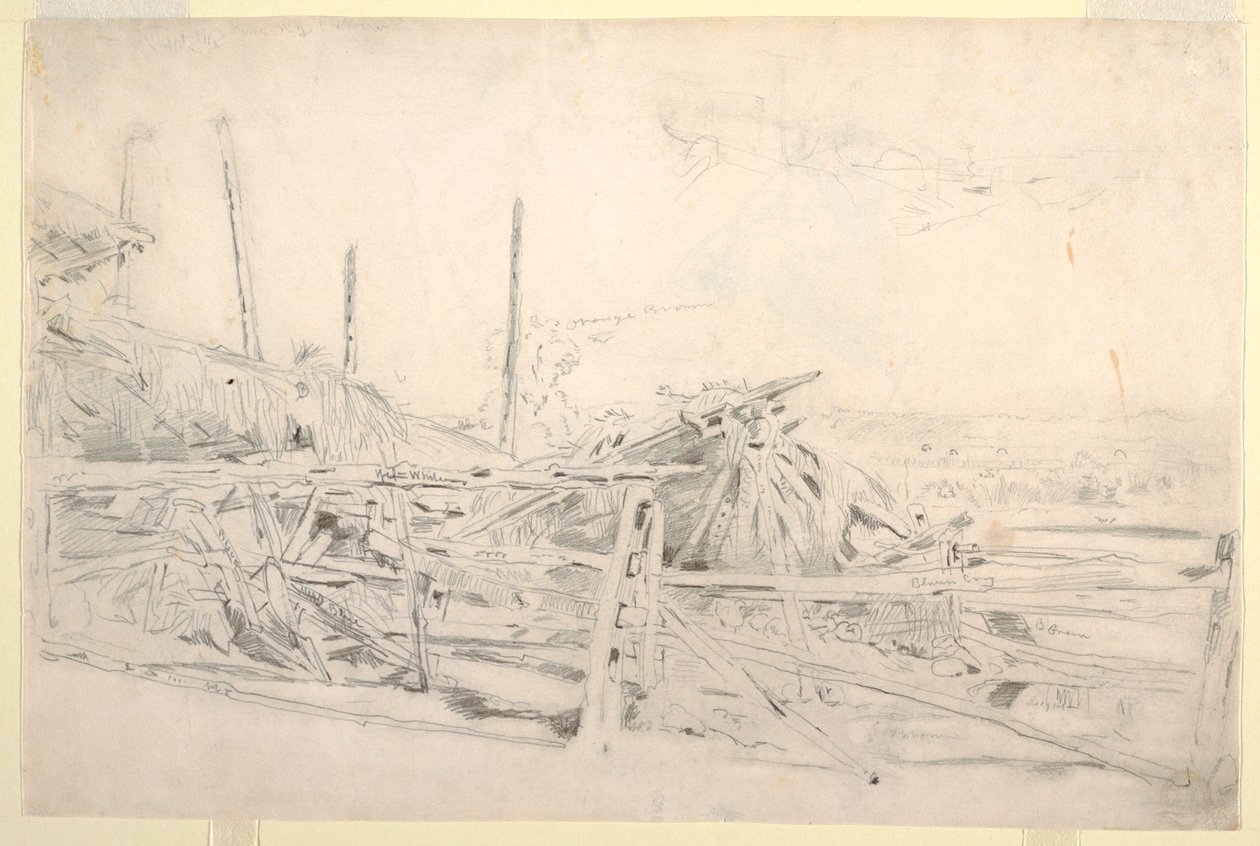 Rajz, szénakazal és vasúti kerítés, kb. 1870 alkotó: Winslow Homer