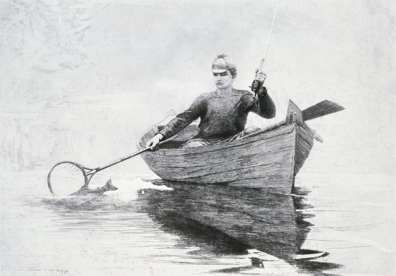 Légyhalászat a Saranac-tavon, 1889 (rézkarc és akvatinta hasonlatos japán papíron) alkotó: Winslow Homer
