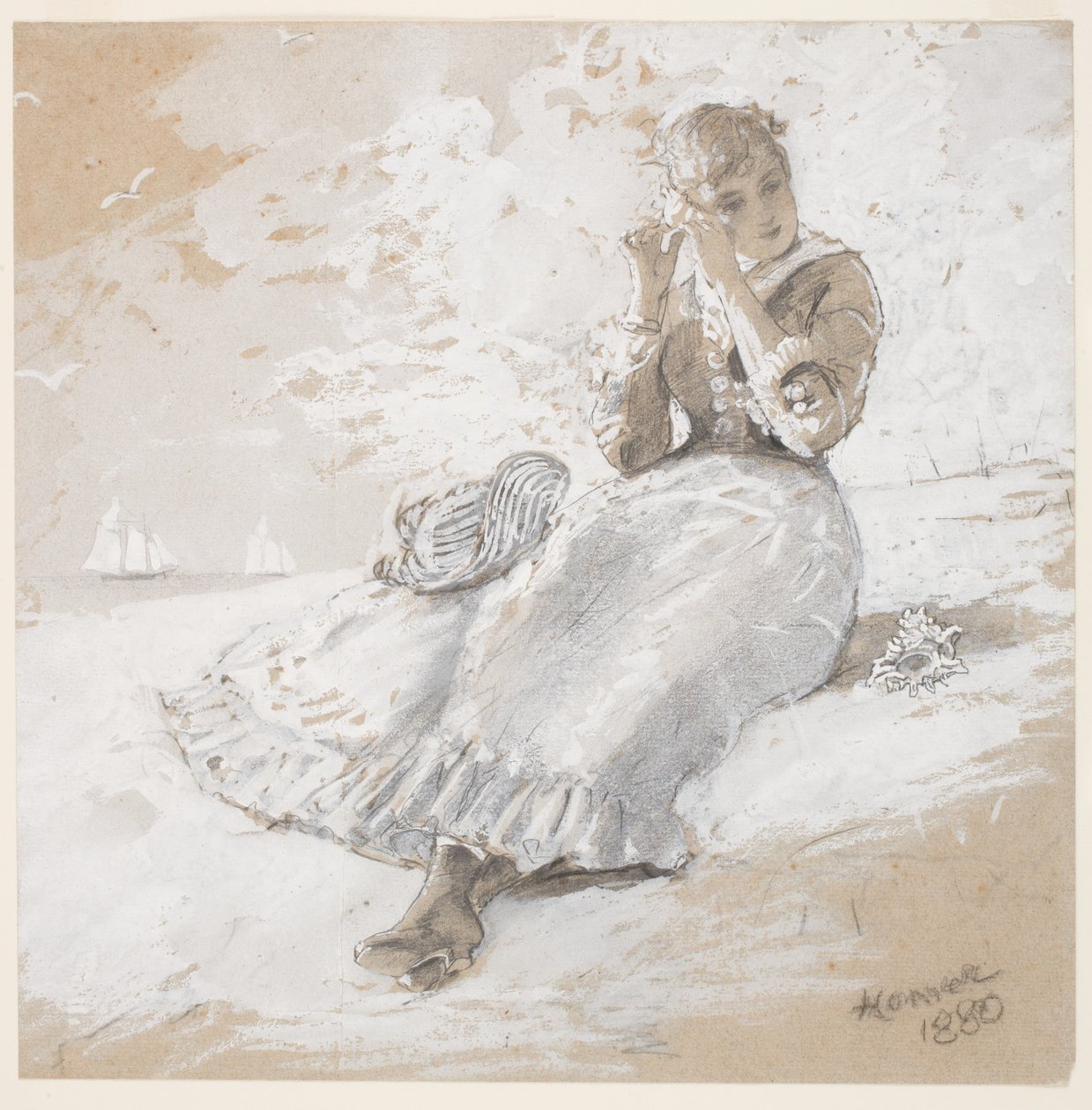 Lány kagylóval a fülénél, 1880 (grafit, szén és fehér gouache papíron) alkotó: Winslow Homer