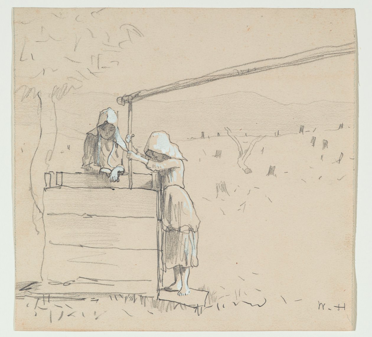 Lányok a kútnál, 1879 (grafit és WC papíron) alkotó: Winslow Homer