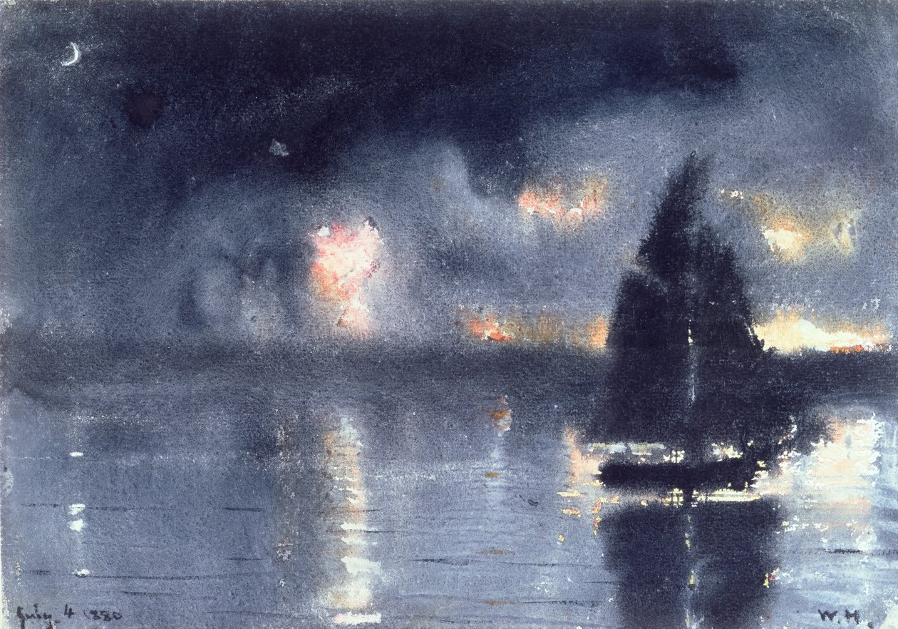 Vitorlás és július negyediki tűzijáték, 1880 (wc papíron) alkotó: Winslow Homer