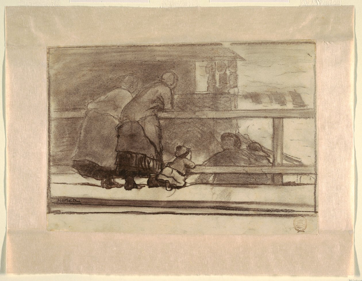 Két nő és egy gyermek a vasúton, kilátással a Tynemouth -i strandra alkotó: Winslow Homer