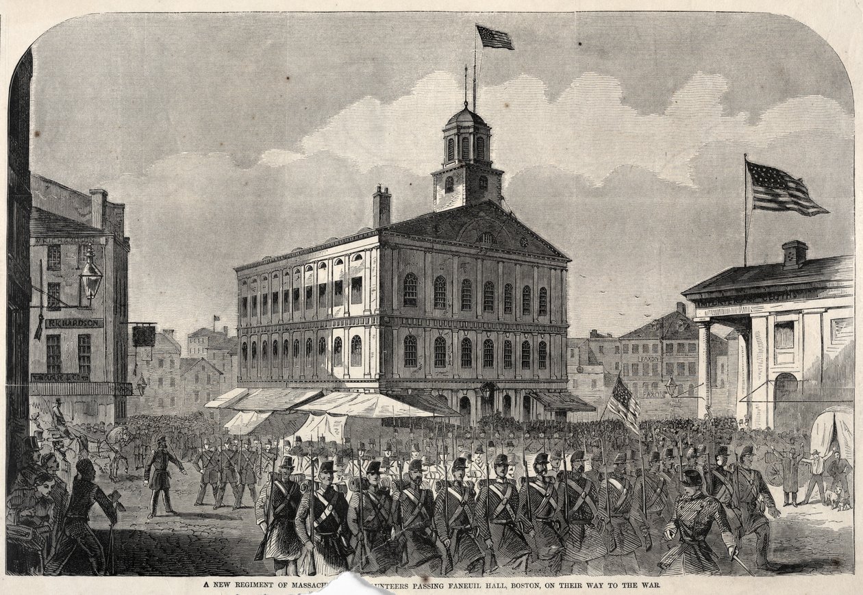 A massachusettsi önkéntesek új ezrede a bostoni Faneuil Hall mellett halad el, útban a háborúba. alkotó: Winslow Homer