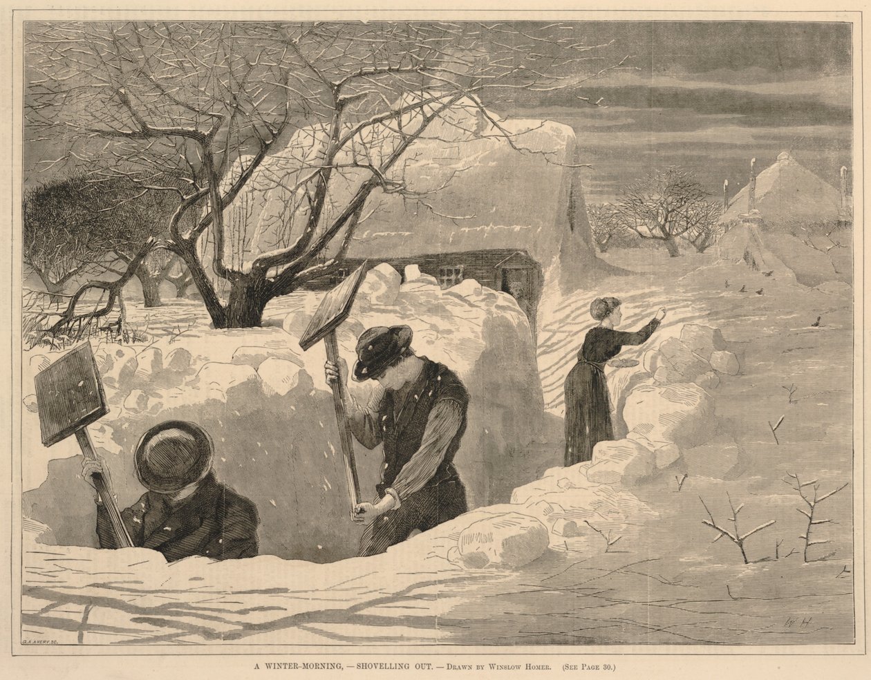 Egy téli reggel - lapátolás, 1871. január 14., Minden szombat, 1871. január 14. alkotó: Winslow Homer
