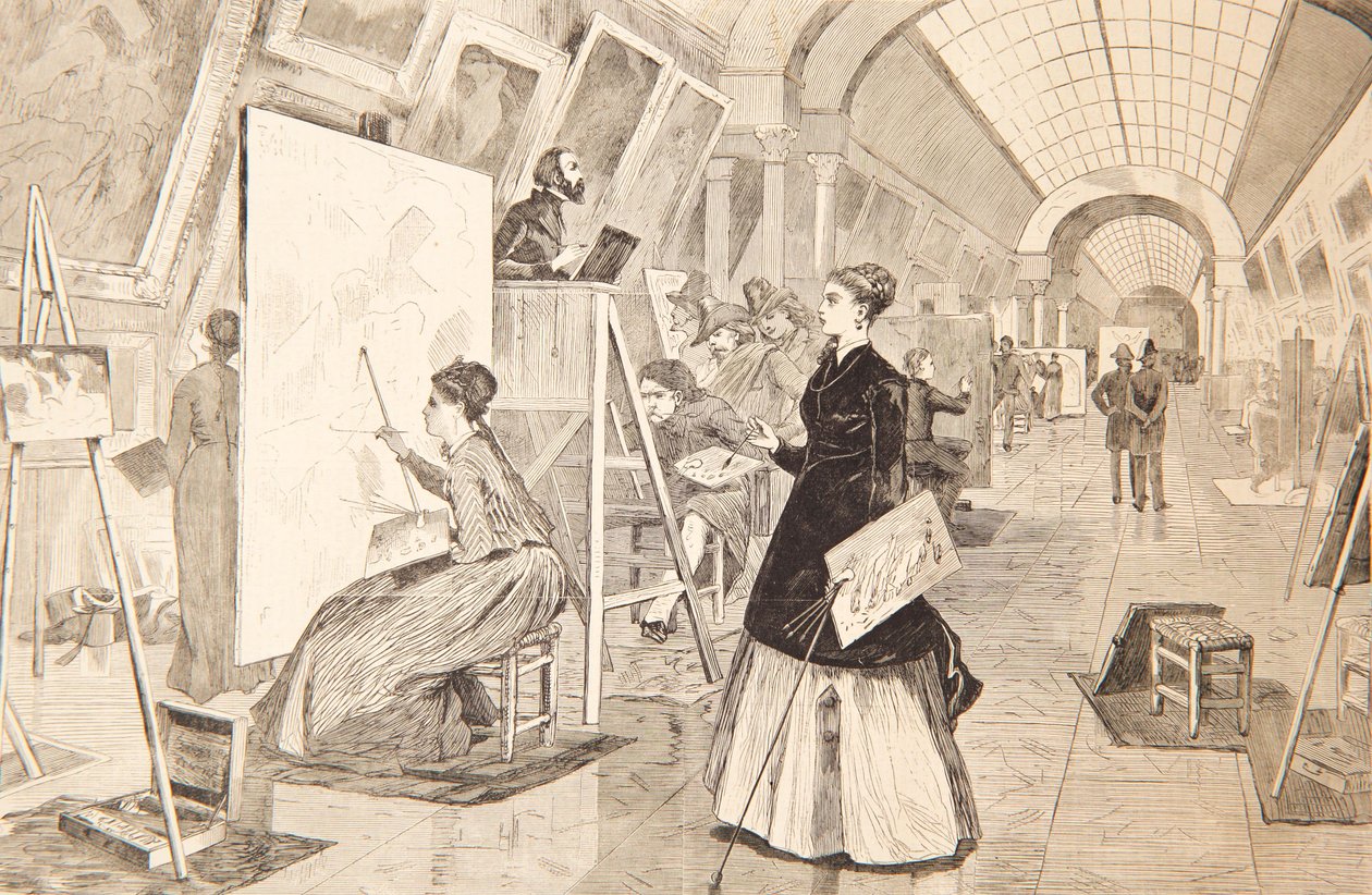 Művésznövendékek és másolók a Louvre Galériában, Párizs, 1868. január 11. alkotó: Winslow Homer