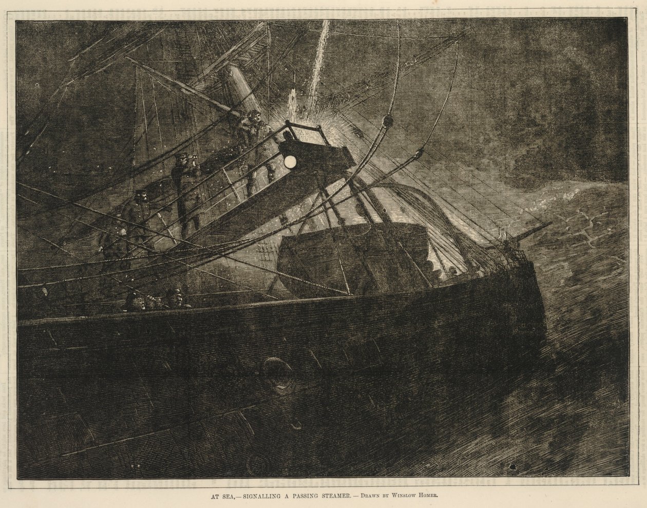 A tengeren - egy elhaladó gőzhajó jelzése, 1871. április 8., Minden szombat, 1871. április 8. alkotó: Winslow Homer