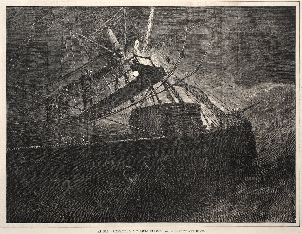 A tengeren, jelzés egy elhaladó gőzhajónak alkotó: Winslow Homer