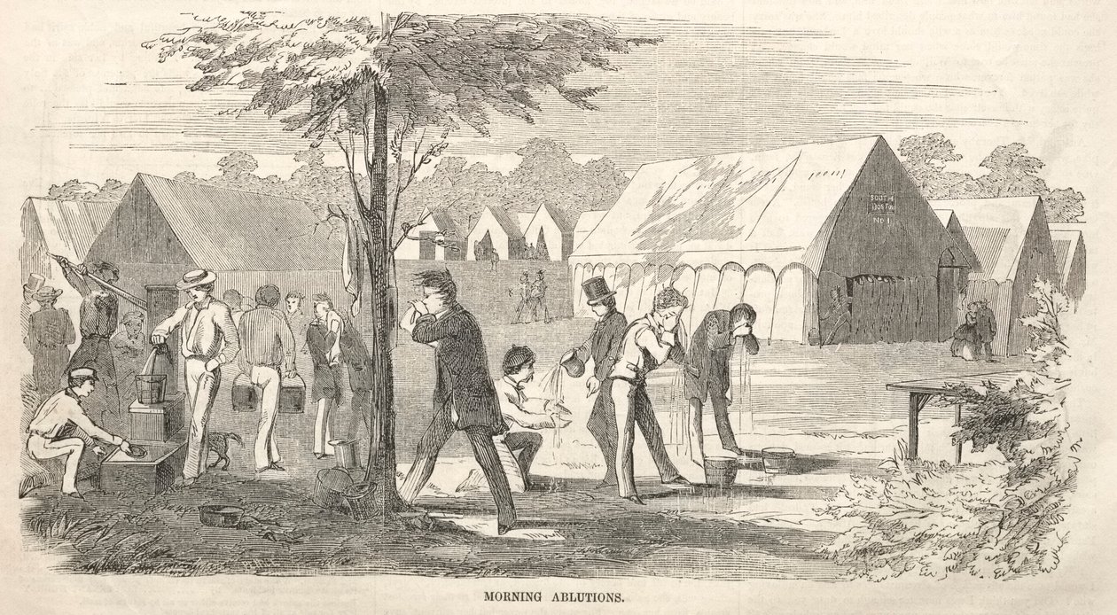 Tábori találkozó vázlatai: Reggeli mosdás, 1858. alkotó: Winslow Homer