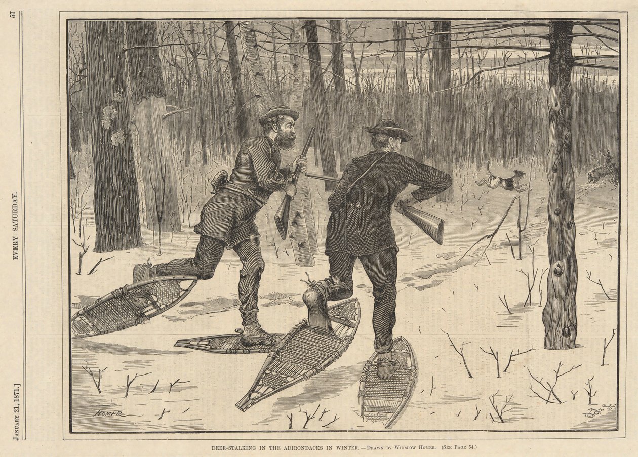 Szarvasvadászat az Adirondacks-ben télen, minden szombaton, 1871. január 21-től alkotó: Winslow Homer