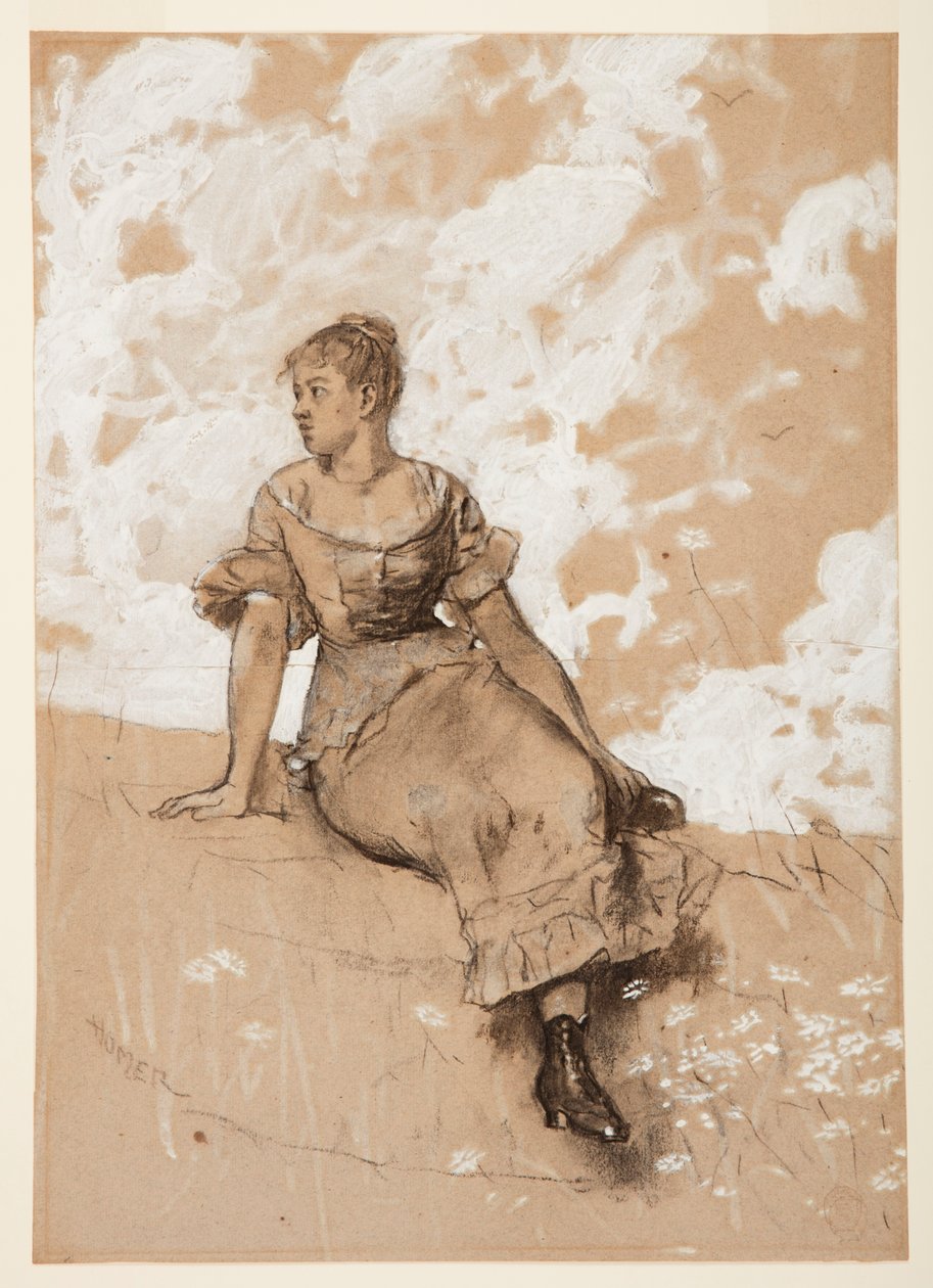 Rajz, Ülő lány; tanulmány "A kerti falhoz", 1878 alkotó: Winslow Homer