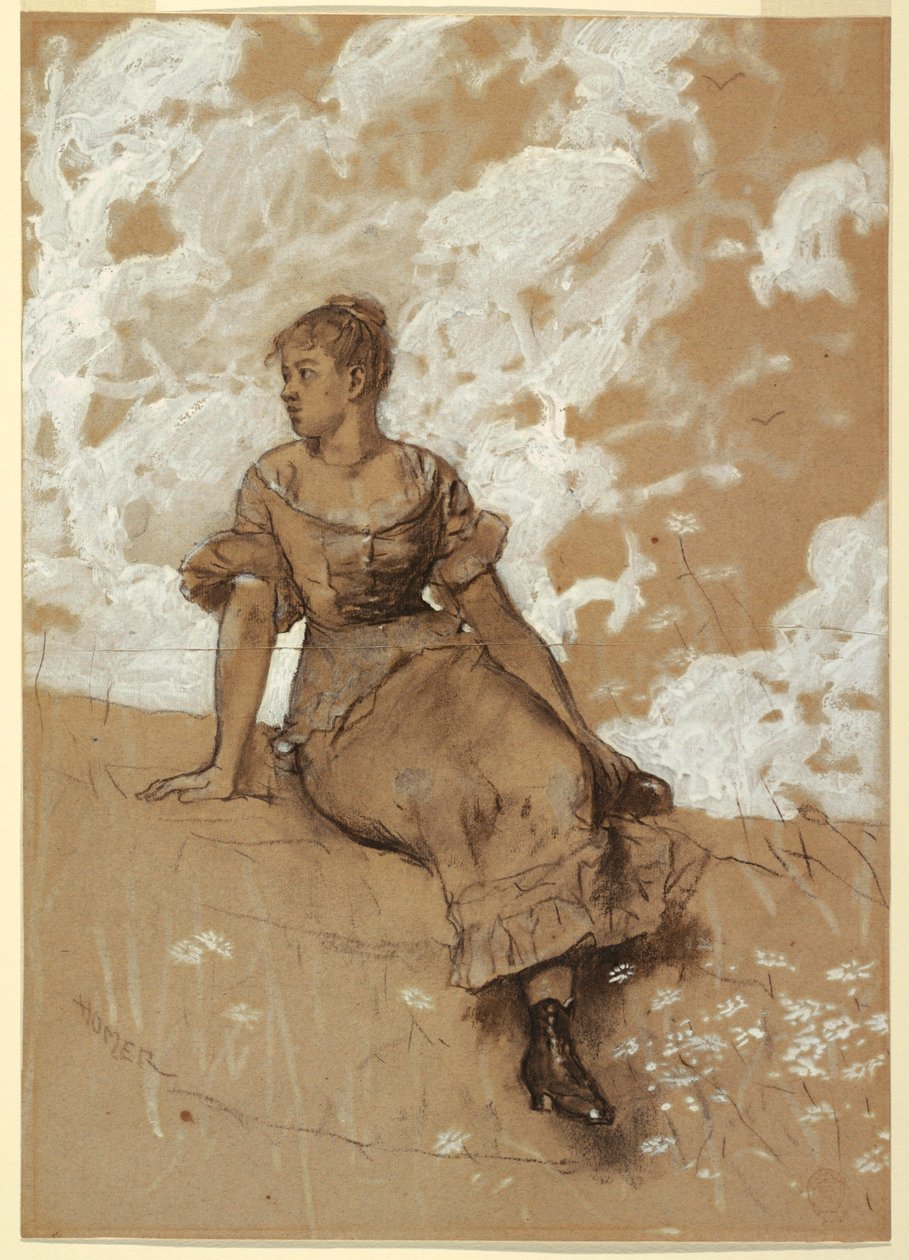 Rajz, Ülő lány; tanulmány "A kerti falhoz", 1878 alkotó: Winslow Homer