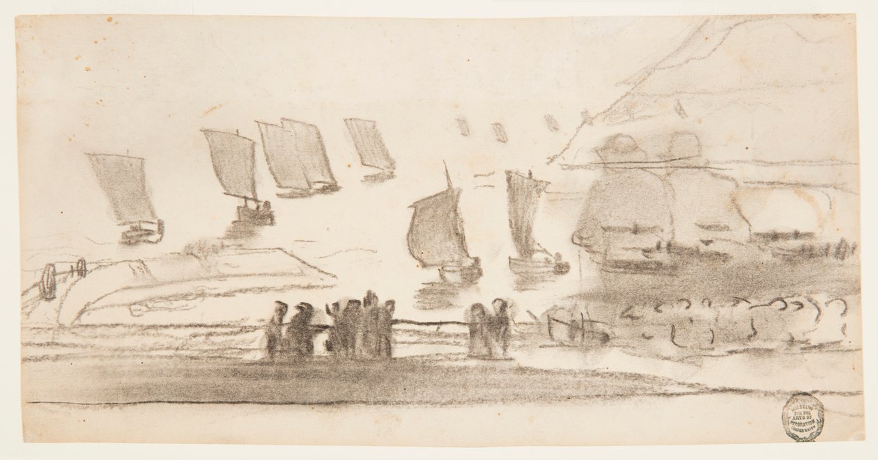 Rajz, Tengerparti jelenet emberekkel és halászhajókkal, Cullercoats, Anglia, 1881-82 alkotó: Winslow Homer