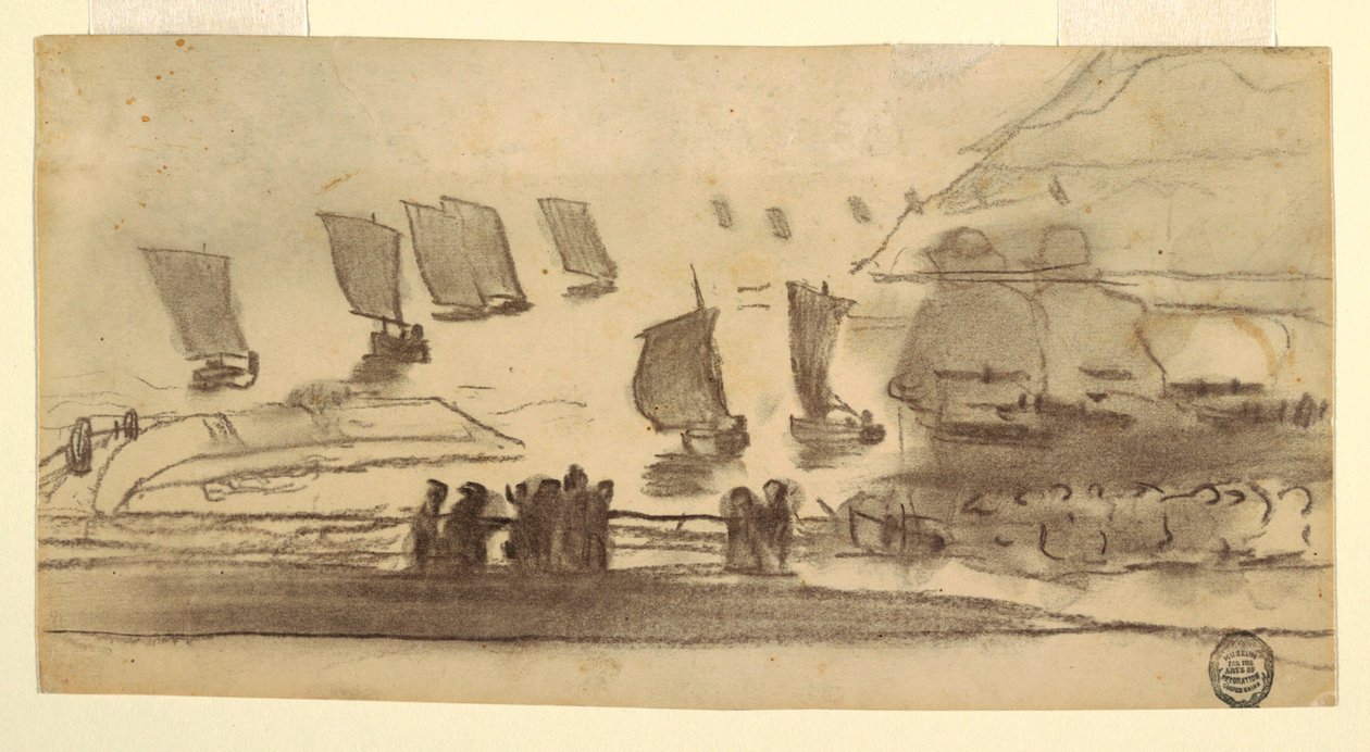 Rajz, Tengerparti jelenet emberekkel és halászhajókkal, Cullercoats, Anglia, 1881-82 alkotó: Winslow Homer