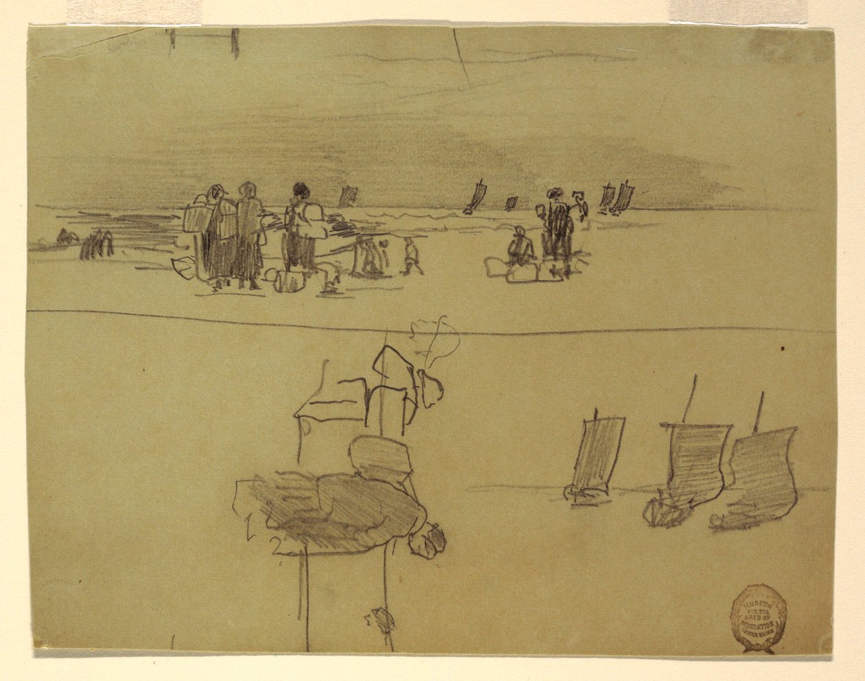 Rajz, Tengerparti jelenet kosaras nőkkel, Cullercoats, Anglia, 1881-82 alkotó: Winslow Homer