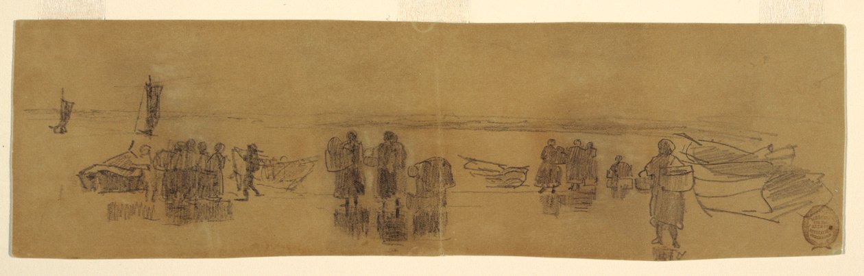 Rajz, Tengerpart négy halászhajóval, Cullercoats, Anglia, 1881-82 alkotó: Winslow Homer