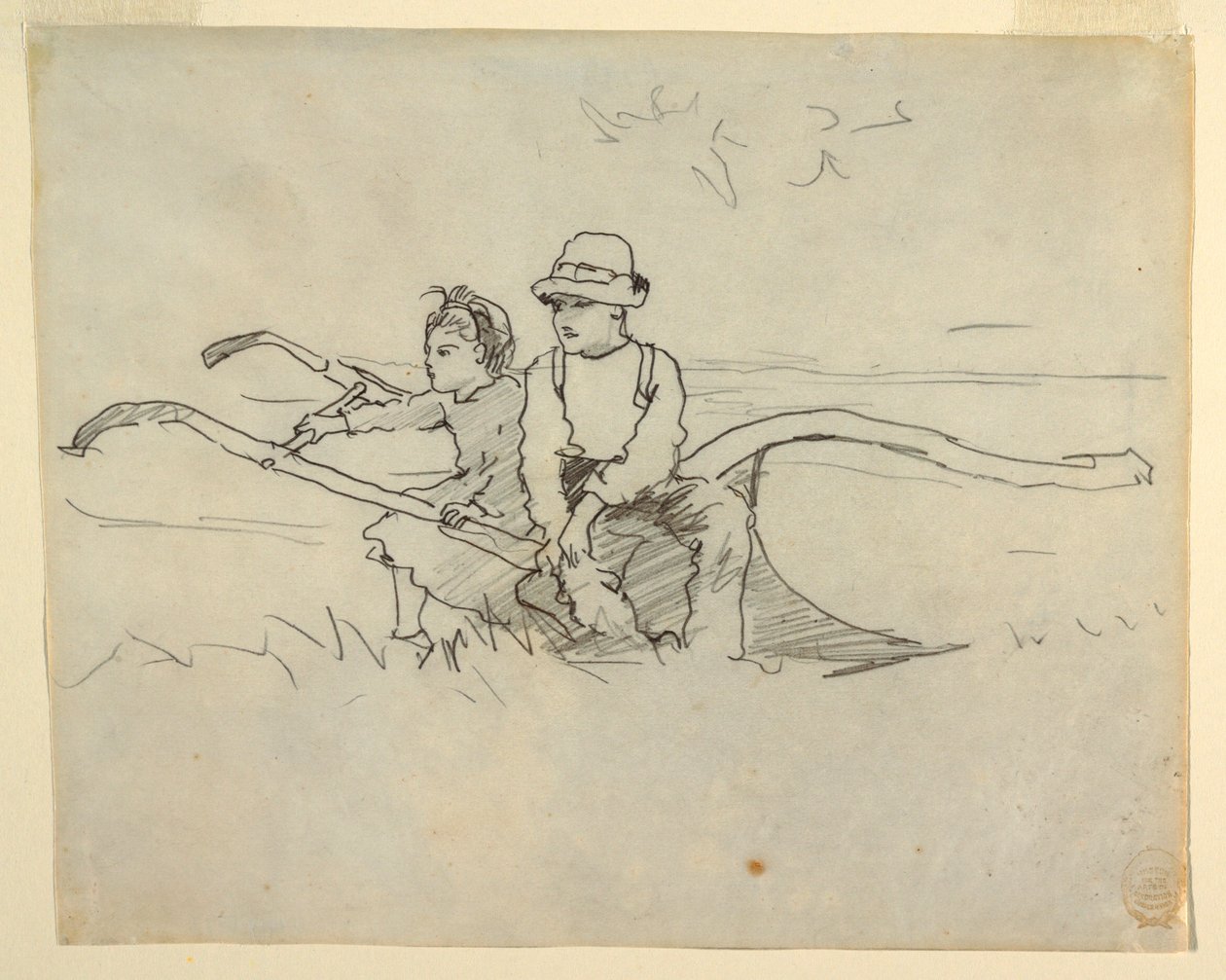 Rajz, Fiú és lány egy szántón ülve, 1879 alkotó: Winslow Homer