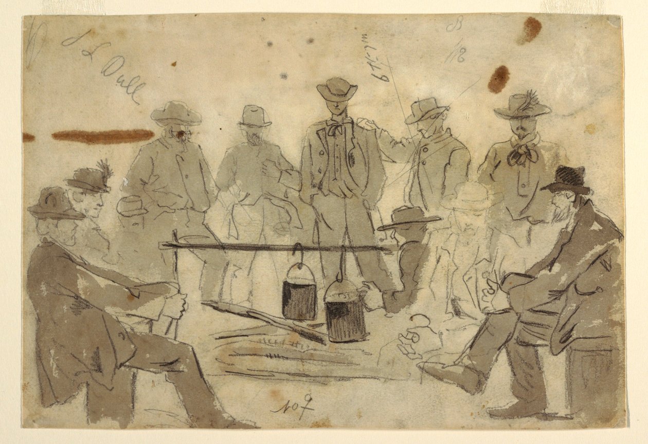 Rajz, tábortűz köré csoportosuló katonákkal, 1862 alkotó: Winslow Homer