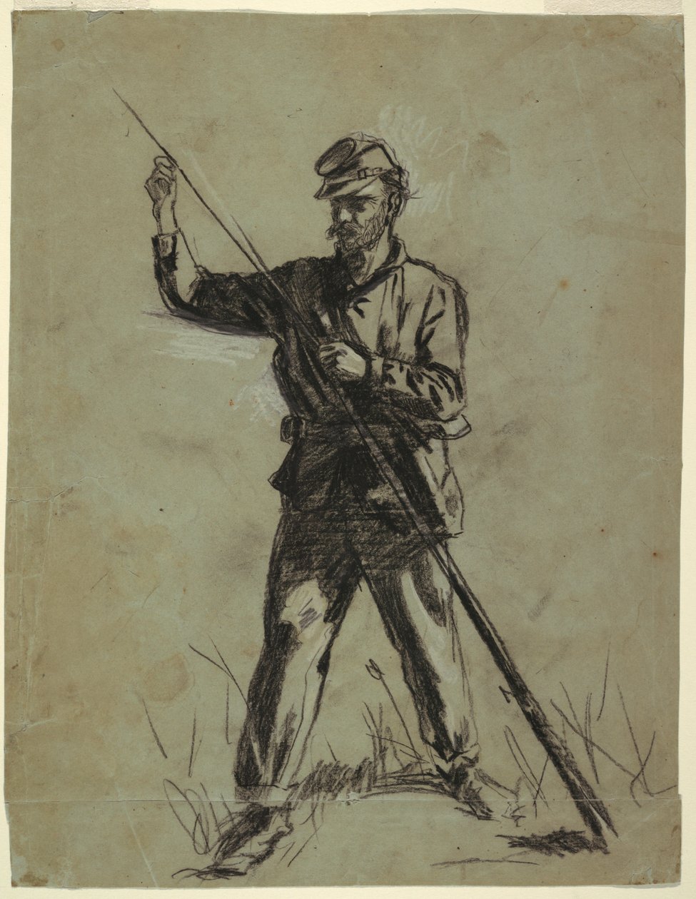 Rajz, lovassági katona puskát tölt, 1863-64 alkotó: Winslow Homer