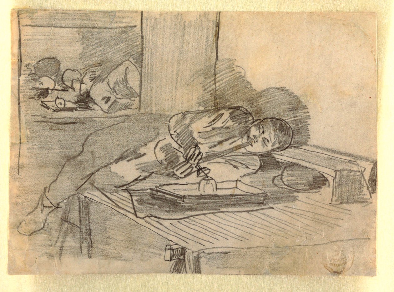 Rajz, Kínai férfi ópiumpipát szív, Baxter utcai klubház, New York, 1874 körül. alkotó: Winslow Homer
