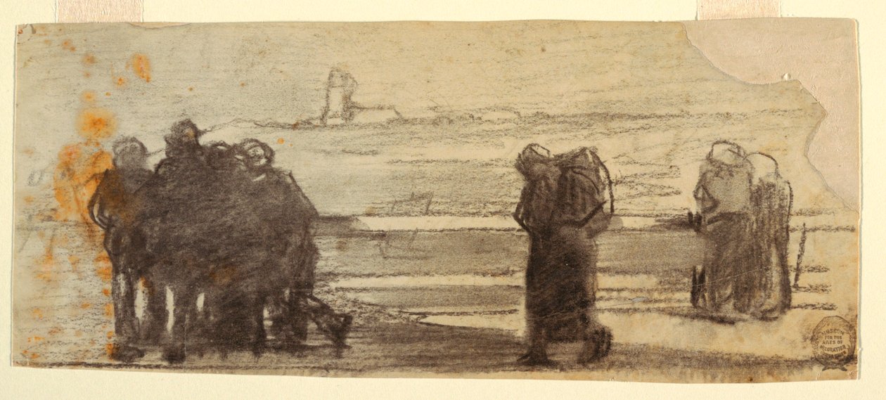 Rajz, Egy öbölre néző alakok és egy kis csónak, Cullercoats, Anglia, 1881-82 alkotó: Winslow Homer