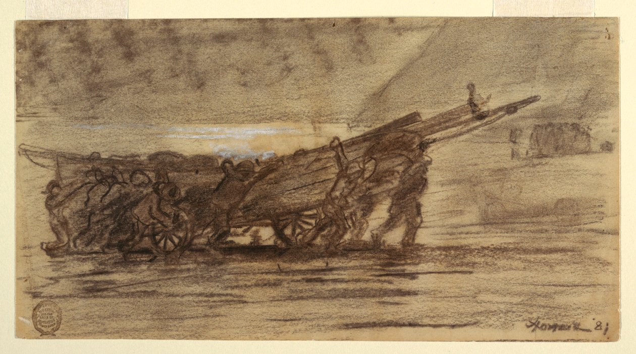 Rajz, Halászok egy csónak partján, Cullercoats, Anglia, 1881 alkotó: Winslow Homer