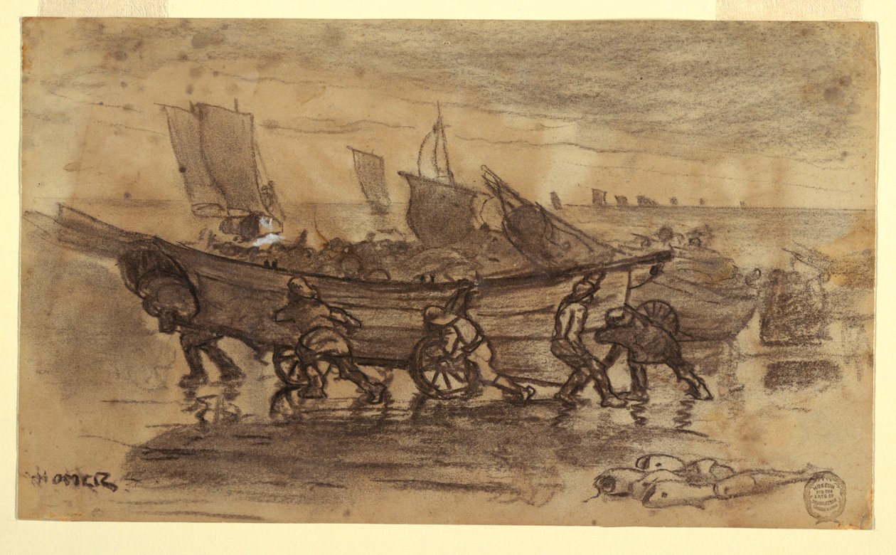 Rajz, Halászok a parton, Cullercoats, Anglia, 1881 alkotó: Winslow Homer