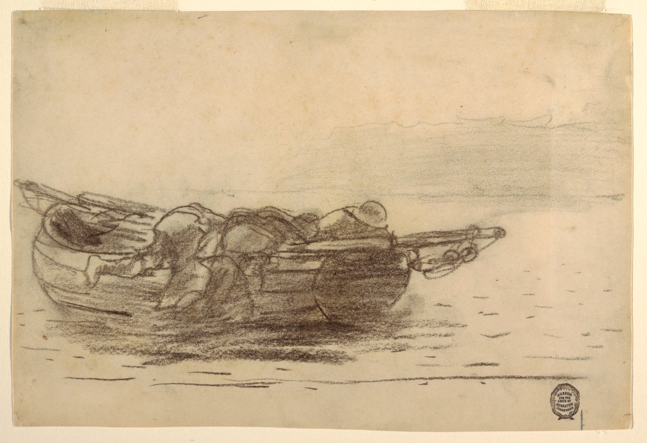 Rajz, Halászok másznak át a puskapallókon, Cullercoats, Anglia, 1881-82 alkotó: Winslow Homer