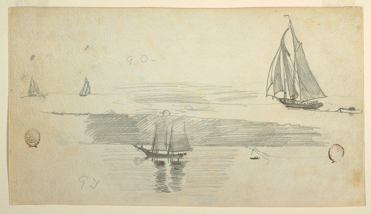 Rajz, Négy szkúner, valószínűleg 1880 alkotó: Winslow Homer