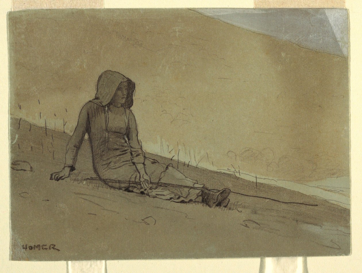 Rajz, Domboldalon ülő lány, 1878 alkotó: Winslow Homer